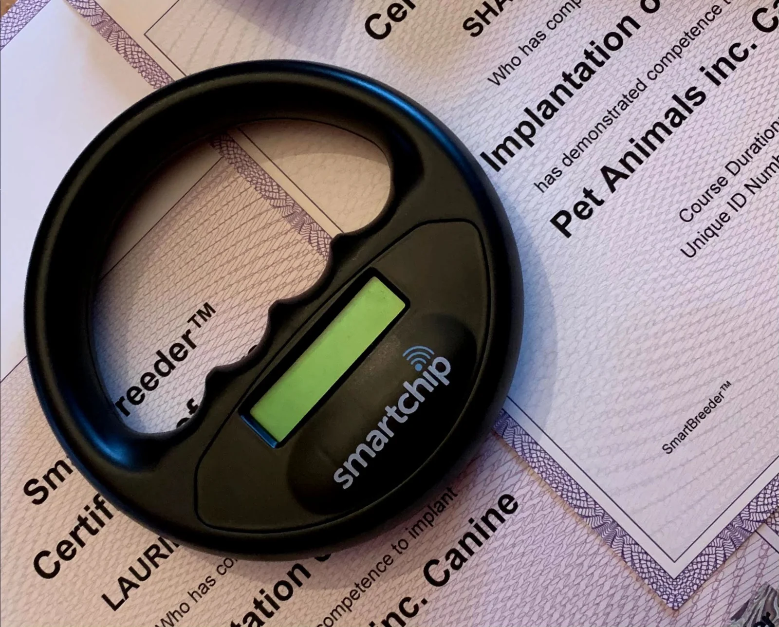 Smartchip reader and microchipping certificate used by Tails of Gloucester